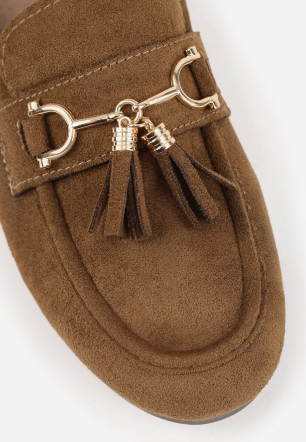 Ciemnobeżowe Mokasyny VICES z Modnymi Chwostami z Imitacji Zamszu z Wkładką z Naturalnej Skóry Calirea