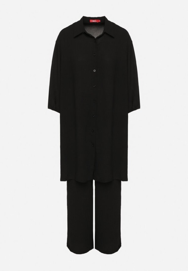 Czarny Komplet Top na Cienkich Ramiączkach Długa Koszula i Luźne Spodnie Adirive