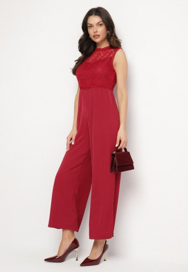 Bordowy Kombinezon Bez Rękawów z Szeroką Nogawką i Siateczkowymi Zdobieniami Nalavie