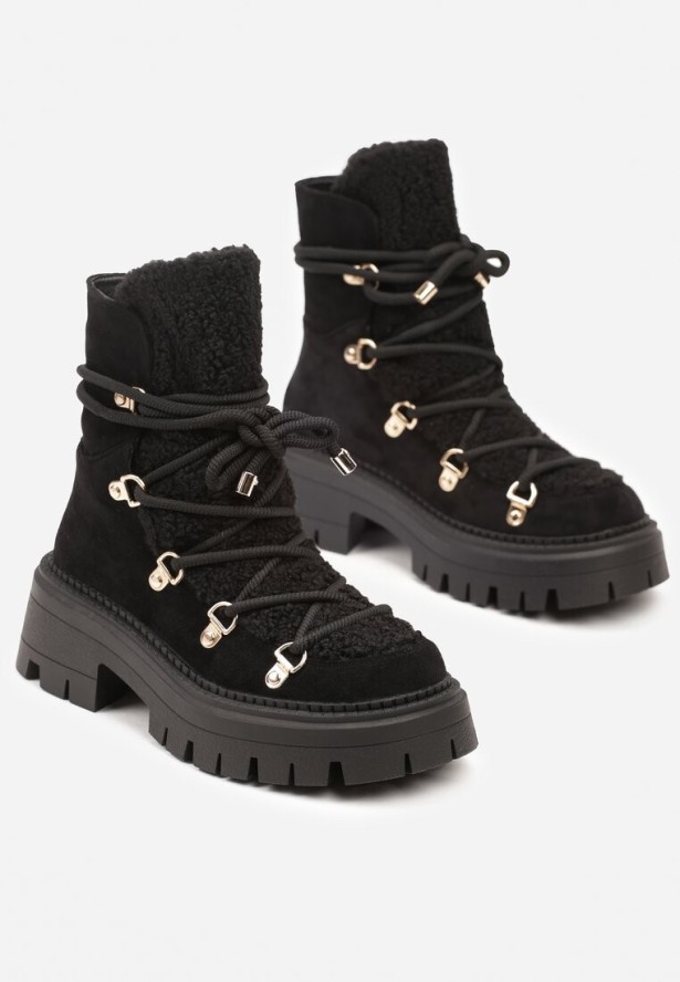 Czarne Sznurowane Śniegowce na Platformie z Ociepleniem Innathiel