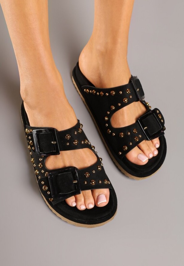 Czarne Klapki z Metalicznymi Ozdobami i Klamrami Elliva