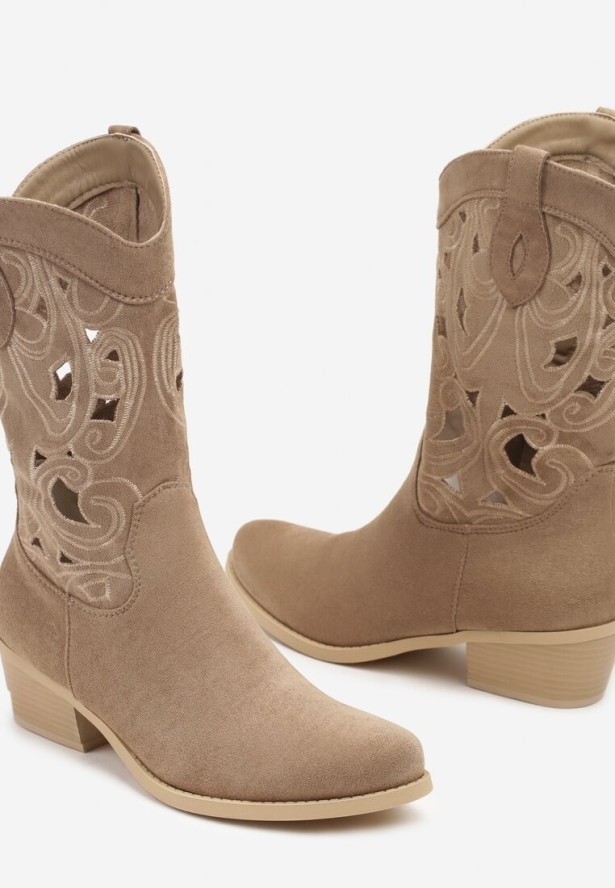 Ciemnobeżowe Botki Kowbojki na Obcasie z Ażurową Cholewką Felwinia