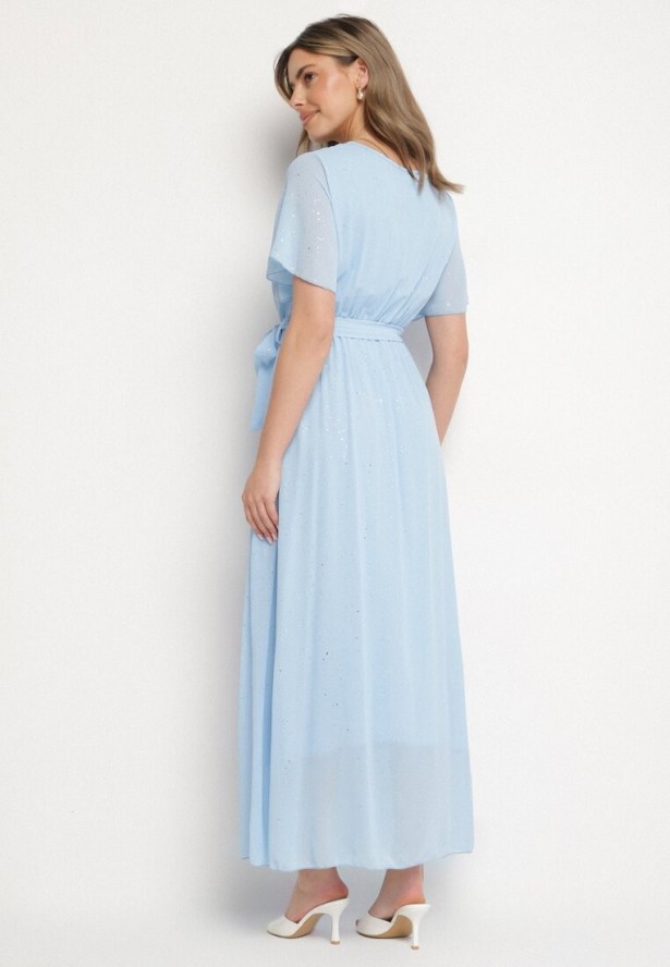 Niebieska Brokatowa Sukienka Koktajlowa Ozdobiona Paskiem Ziliane