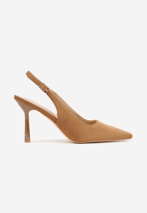 Brązowe Szpilki VICES Slingback Ozdobione Cyrkoniami na Obcasie Laodele
