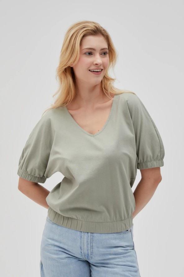 Bawełniana bluzka z bufiastymi rękawami oliwkowa