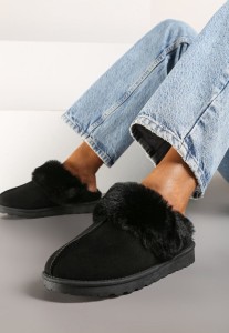 Czarne Wsuwane Kapcie z Imitacji Zamszu z Futrem Boreti