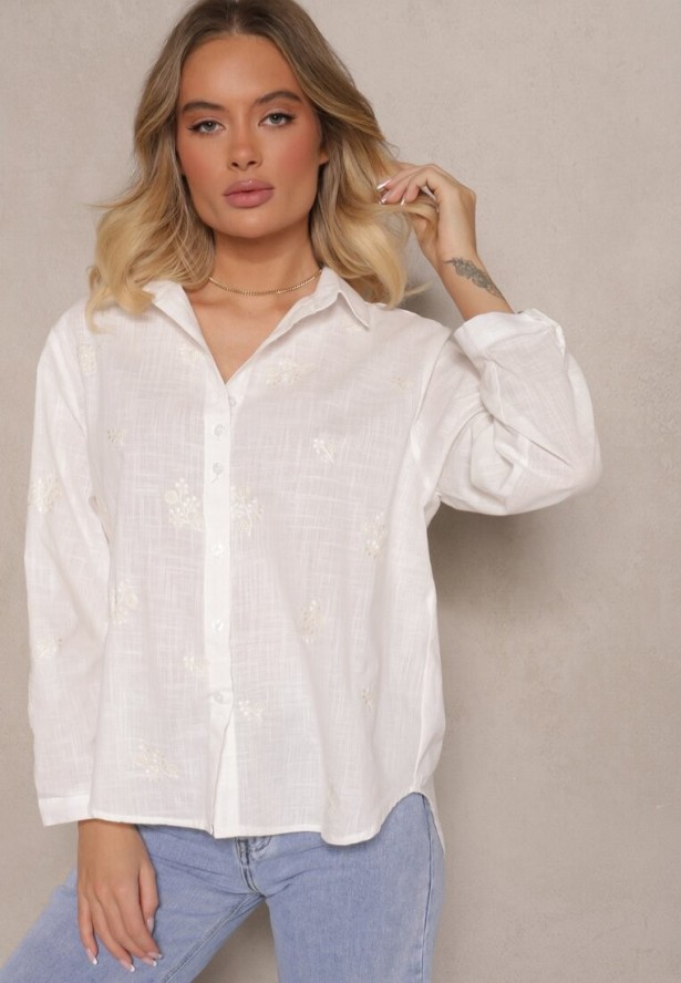 Biała Koszula z Bawełny z Regulacją przy Rękawach Dorione