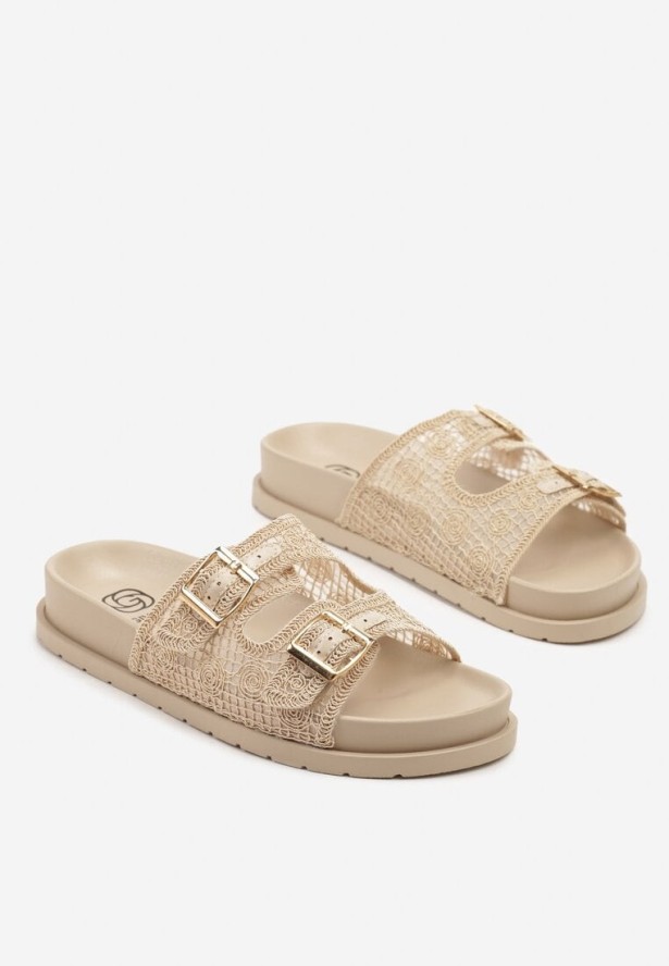 Beżowe Klapki z Klamerkami i Paskiem z Ozdobnej Siateczki Efrise