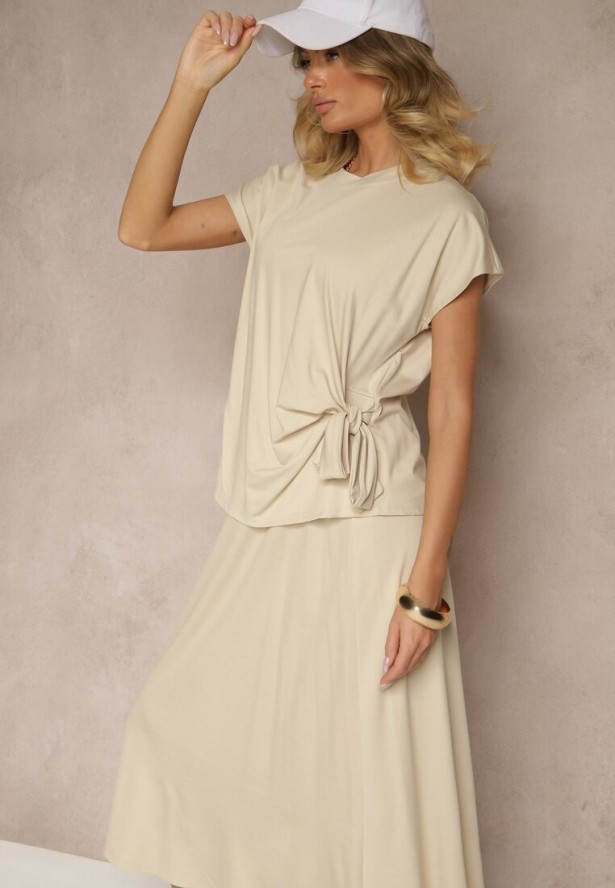 Beżowy Komplet z Wiskozą Spódnica i Bluzka Zdobiona Wiązaniem w Talii Davisavina