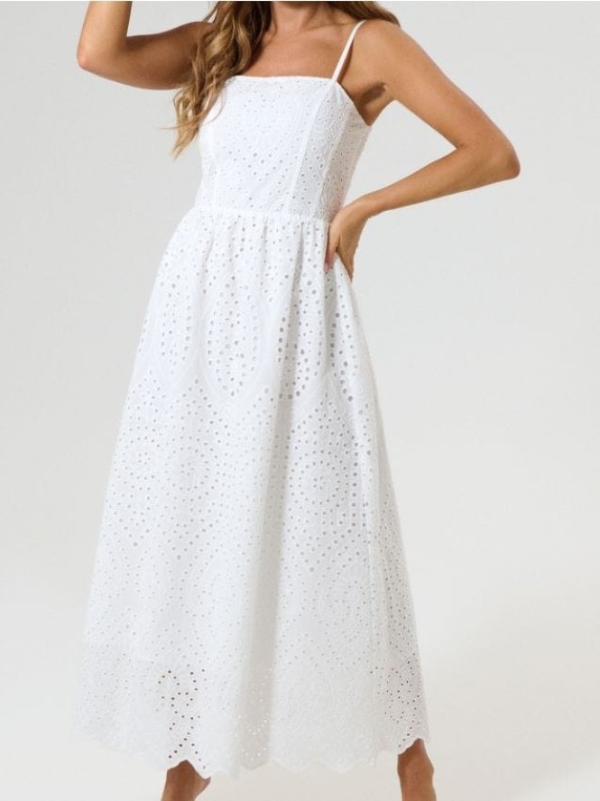 Bawełniana ażurowa sukienka midi - biały