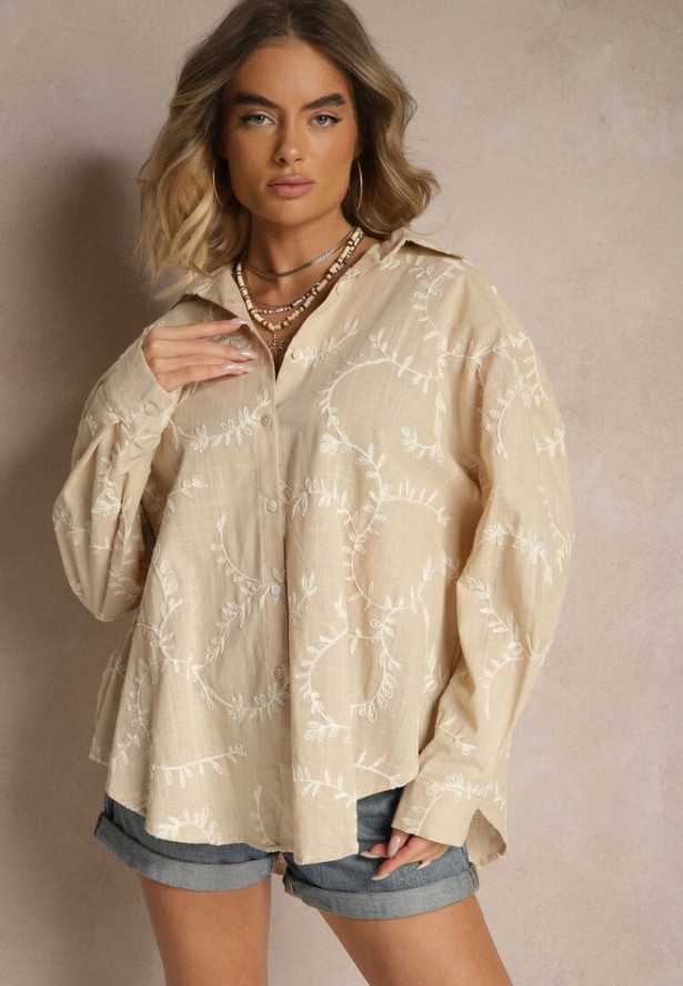 Beżowa Koszula z Lnu i Bawełny Zdobiona Roślinnym Haftem Nevairine