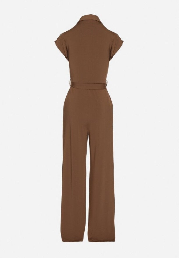 Brązowy Koszulowy Kombinezon z Wiskozą z Krótkim Rękawem i Paskiem Minorita
