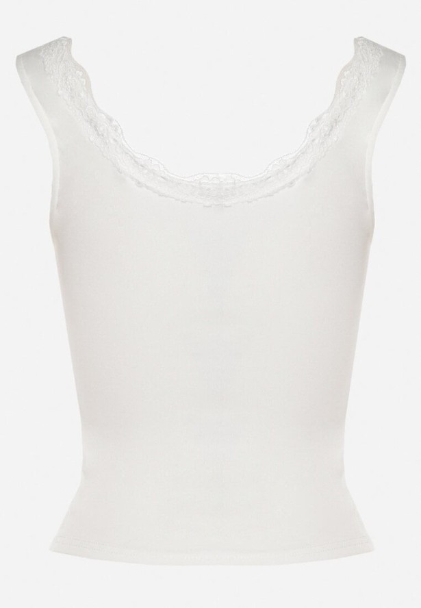Biały Bawełniany Top na Szerokich Ramiączkach Zdobiony Koronką Linenia