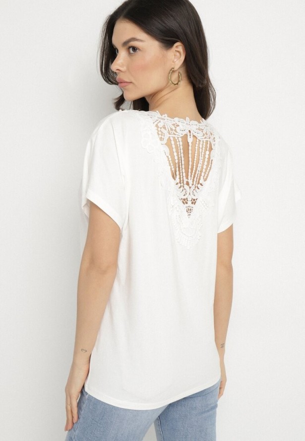 Biały Bawełniany T-shirt Nietoperz z Perłami i Koronką Eleziria