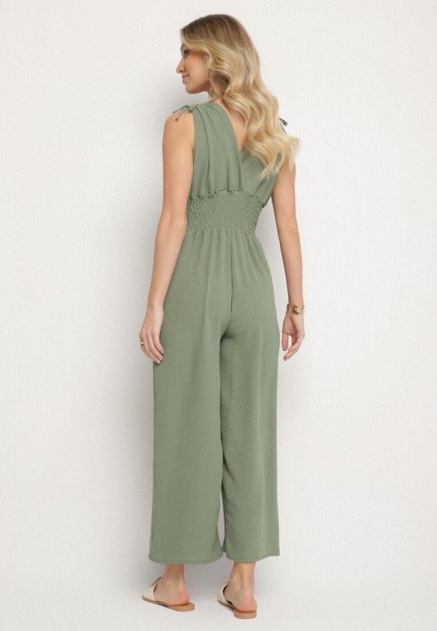 Zielony Kopertowy Kombinezon z Bawełną i Marszczeniami Lunirisa