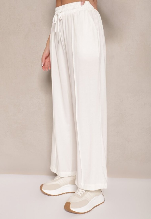 Białe Spodnie z Wiskozą o Szerokim Kroju High Waist z Wiązaniem Ellivartia