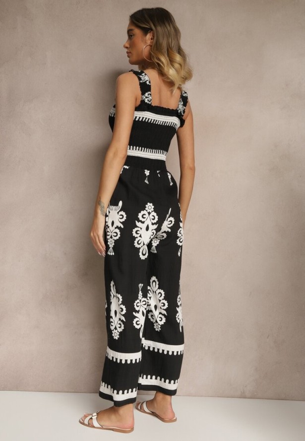 Czarny Kombinezon Wide Leg z Wiskozy na Ramiączkach Zdobiony Etnicznym Wzorem Melriti