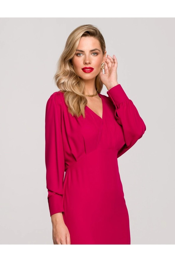 Długa wieczorowa sukienka rybka z bufiastymi rękawami śliwkowa