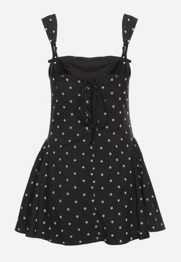 Czarna Sukienka Vices w Grochy o Rozkloszowanym Kroju z Wiązaniem na Ramiączkach Saririse