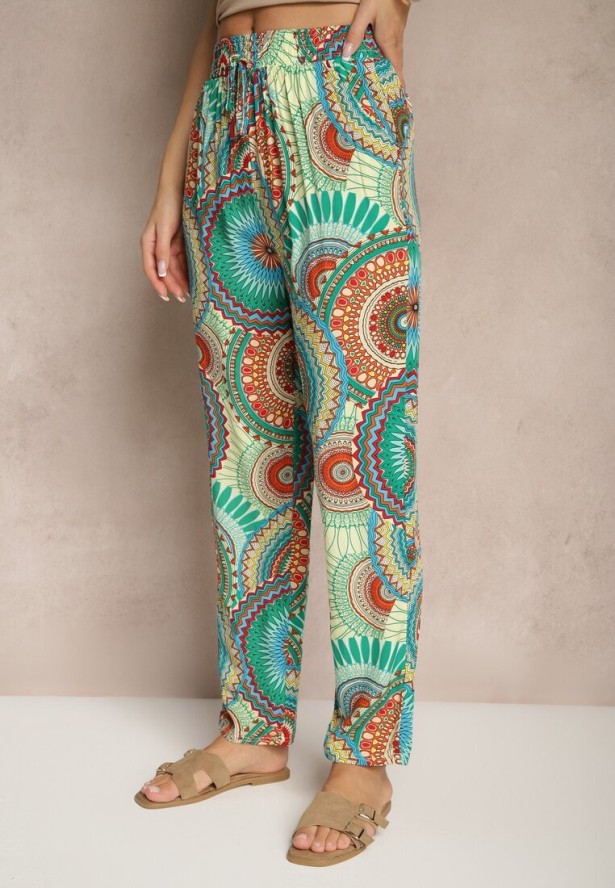 Zielone Szerokie Spodnie z Bawełny High Waist w Abstrakcyjny Wzór Jorivaess