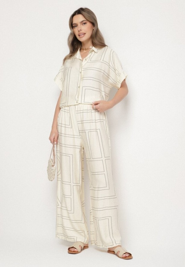 Jasnobeżowy Komplet z Lnem i Wiskozą Koszula i Spodnie w Geometryczny Wzór Fevoline