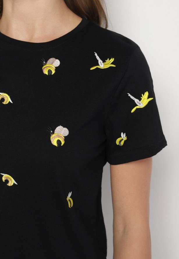 Czarny T-shirt z Bawełny Ozdobiony Haftem Hiraviel