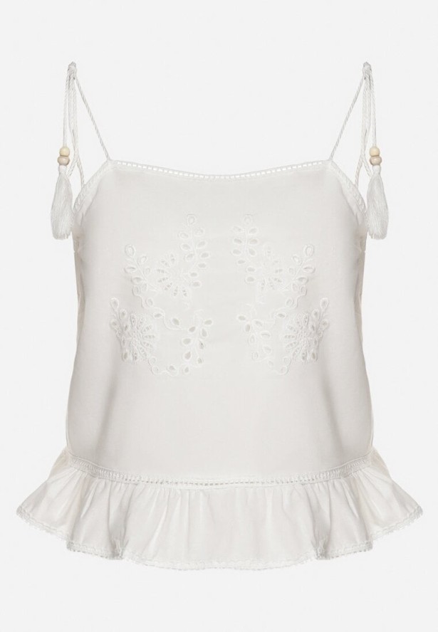 Biała Bawełniana Bluzka Ozdobiona Frędzlami Falbanką i Haftami Milorea
