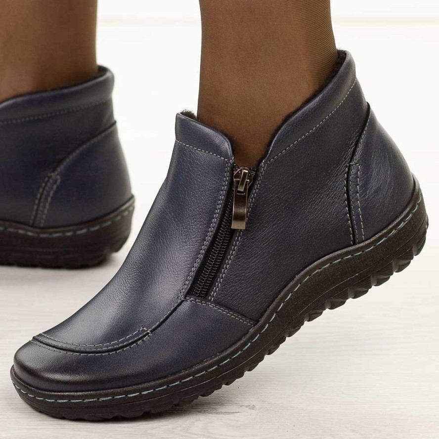 Granatowe skórzane Polskie botki damskie zimowe Deoni D467