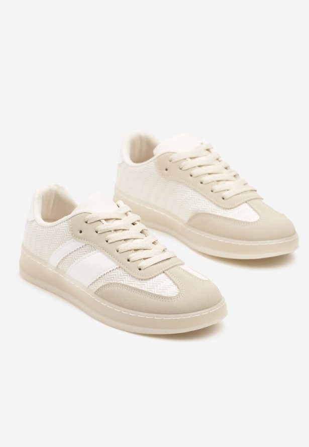 Beżowe Sneakersy Typu Tenisówki z Ozdobnymi Paskami Amodelle