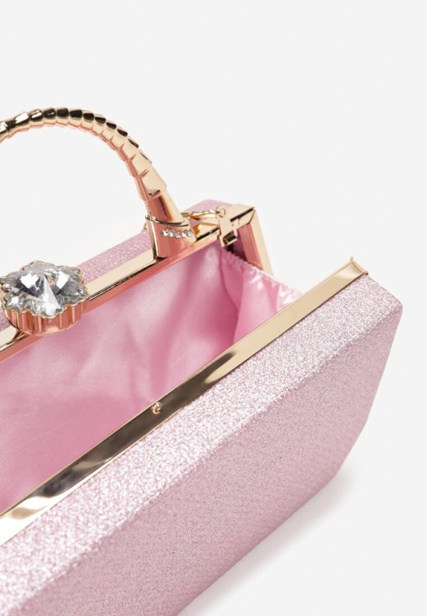 Różowa Połyskująca Torebka Kopertówka z Rączką Bronna
