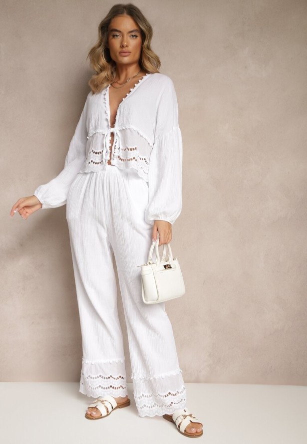 Biały Komplet z Bawełny z Ażurowymi Wstawkami Bluzka z Wiązaniem i Spodnie Jaette