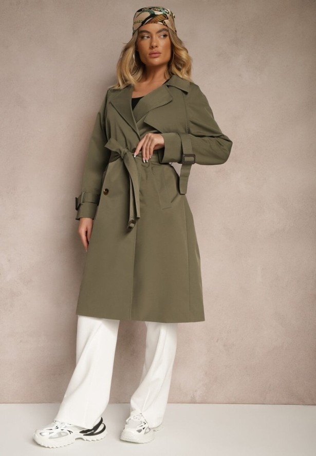 Zielony Dwurzędowy Płaszcz Trencz z Paskiem Ninnolia