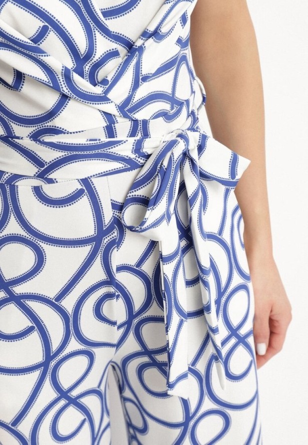 Niebieski Kombinezon z Wiskozą o Kopertowym Kroju w Abstrakcyjny Wzór Evivira