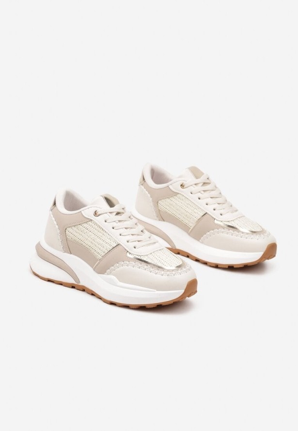 Beżowe Sneakersy na Platformie ze Wstawkami z Plecionki Ninatia