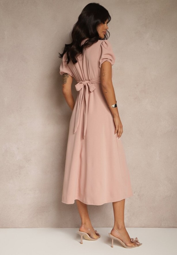 Różowa Rozkloszowana Sukienka Koktajlowa Ozdobiona Wiązaniem Ziverine