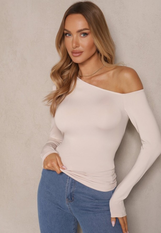 Beżowa Bluzka z Wiskozą i Asymetrycznym Dekoltem Tatolinna