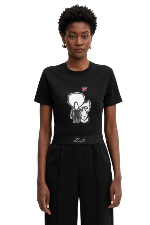KARL LAGERFELD Czarny damski t-shirt z nadrukiem Ikon Valentine, Rozmiar L