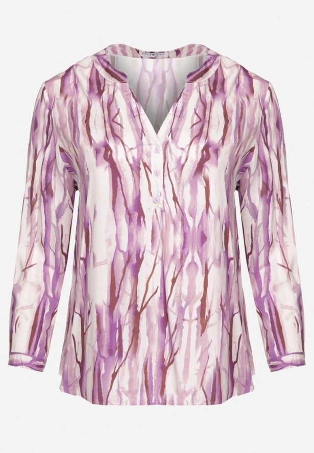 Fioletowa Wiskozowa Koszula w Abstrakcyjny Wzór Bez Kołnierzyka Olireria