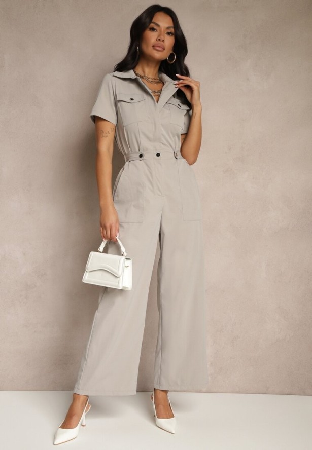 Szary Kombinezon Wide Leg z Kołnierzykiem Suwakiem i Krótkim Rękawem Jenaralitia