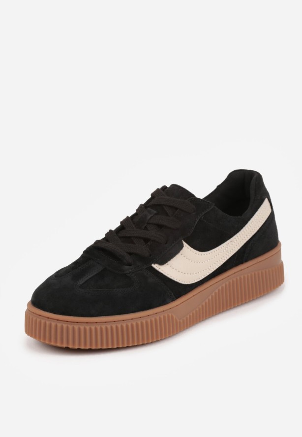 Czarne Zamszowe Sneakersy w Stylu Klasycznych Tenisówek ze Skórzaną Wkładką Riosera