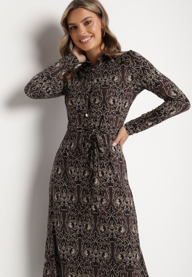 Brązowo-Beżowa Sukienka Koszulowa Ozdobiona Ornamentalnym Wzorem Mesilie