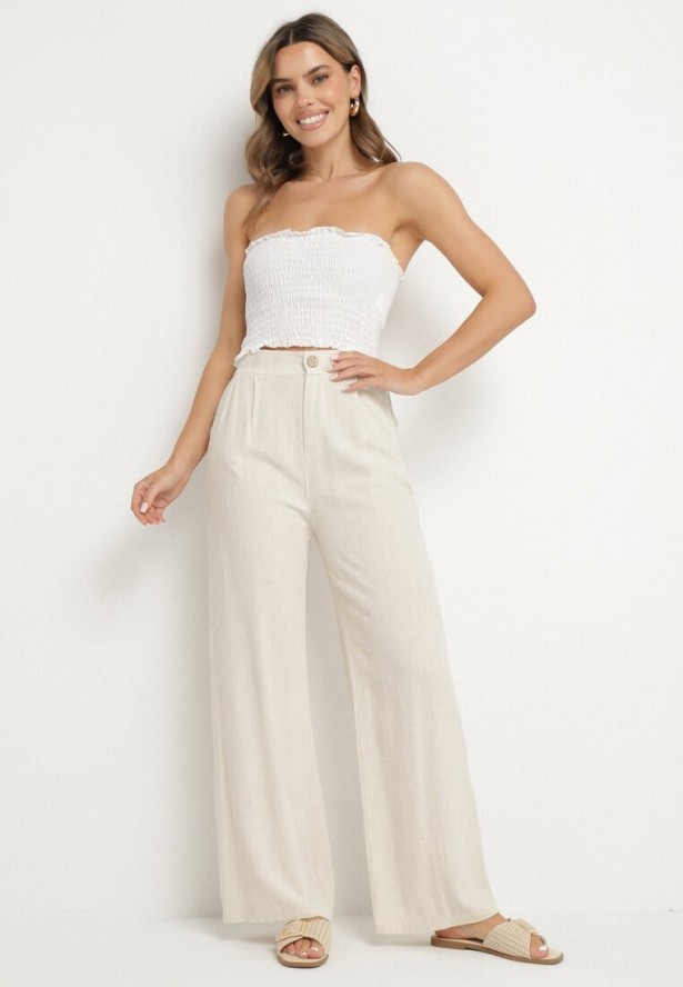 Jasnobeżowe Lniane Spodnie z Wiskozą o Szerokim Kroju z Gumką w Talii Zelzeri