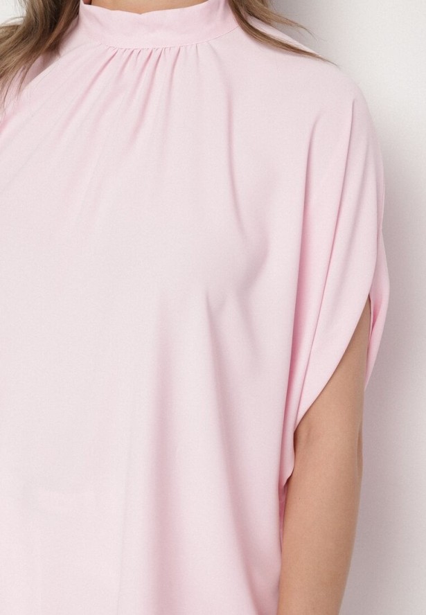 Różowa Bluzka Ozdobiona Stójką i Wiązaniem Rinelea