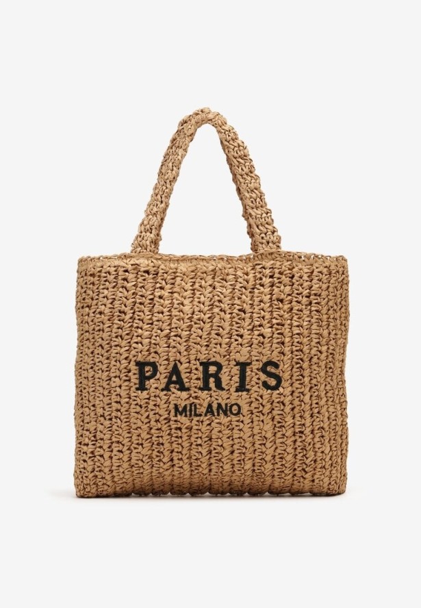 Ciemnobeżowa Pleciona Torebka z Rączką i Napisem Segelia