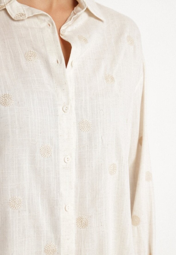 Beżowa Koszula z Wiskozą i Lnem Ozdobiona Haftem Lisarena