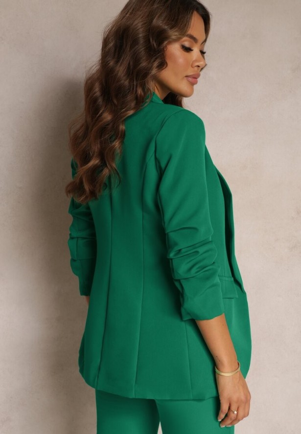 Zielona Gładka Marynarka z Rękawami 7/8 i Klapami Adylia