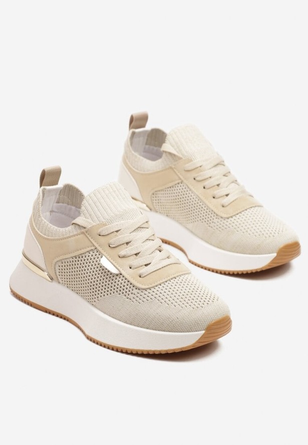 Beżowe Sneakersy z Siateczkową Cholewką Saramis