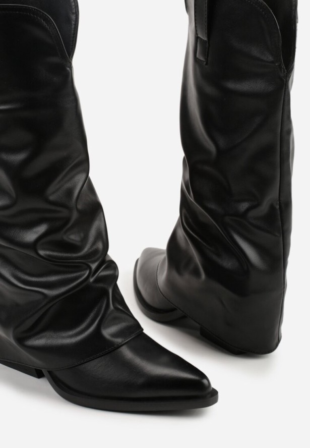 Czarne Kozaki Kowbojki na Stożku z Wywiniętą Marszczoną Cholewką Escana