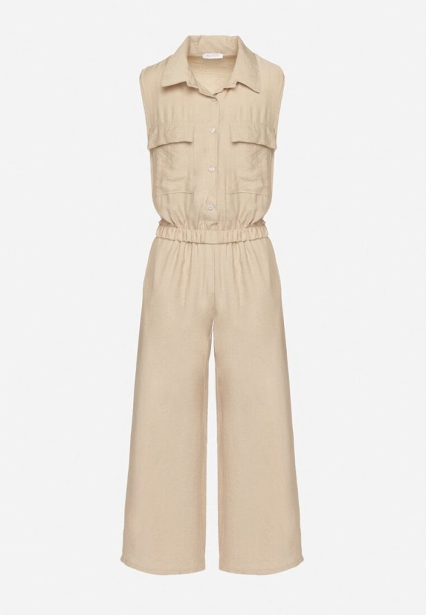 Ciemnobeżowy Wiskozowy Komplet Krótka Bluzka na Guziki Szerokie Spodnie z Gumką w Talii Rissanama