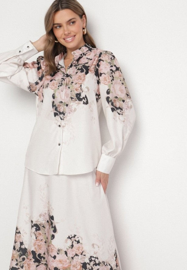 Beżowy Wiskozowy Komplet w Kwiatowy Wzór Koszula i Rozkloszowana Spódnica Belinoris